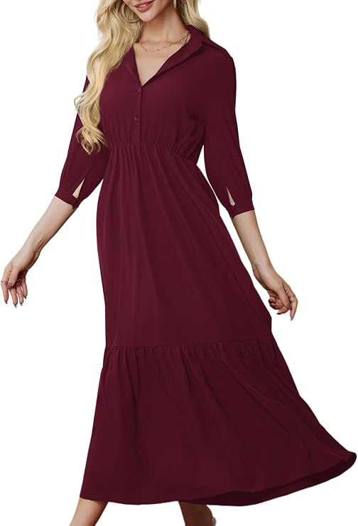 PerZeal Women's Casual Beach Maxi Dress Spring Summer 3/4 Sleeve Buttons Tiered Ruffle A Line Swing Dresses
