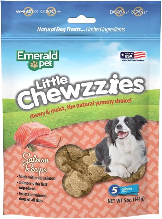 Emerald Pet Little Chewzzies Wheat Free Training Dog Treats Healthy and Tasty Natural Dog Chews with Real Meat or Peanut Butter Limited Ingredient Dog Treats Made in the USA Salmon, 5 oz