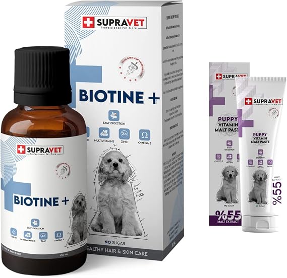 Supravet Plus +B For Köpek Biotine Damla 100 ML (Köpekler Için Tüy Sağlığı Damlası) + Yavru Köpekler için Vitamin Malt Macun 30 GR