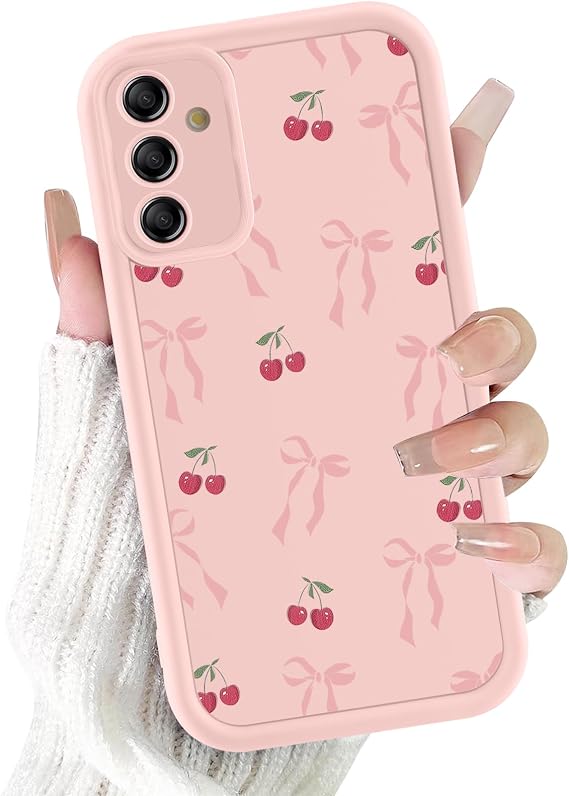 Phoona Case for Samsung Galaxy A16 5G 6.7", Cute Aesthetic Design Bow Cherry Preppy Pattern, Silicone Soft TPU Shockproof Protective Camera Cover Phone Case for Girls Women, Pink Bow