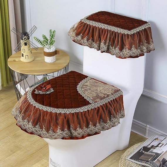 Toilet seat Covers Lace Embroidery Toilet Lid Covers, 3pcs/Set Lace Embroidery Pastoral Warm Soft Toilet Lid & Tank Covers Toilet Seat Cover Pads Toilet Seat Cushion Pads Zipper -Typ(Dark Red)