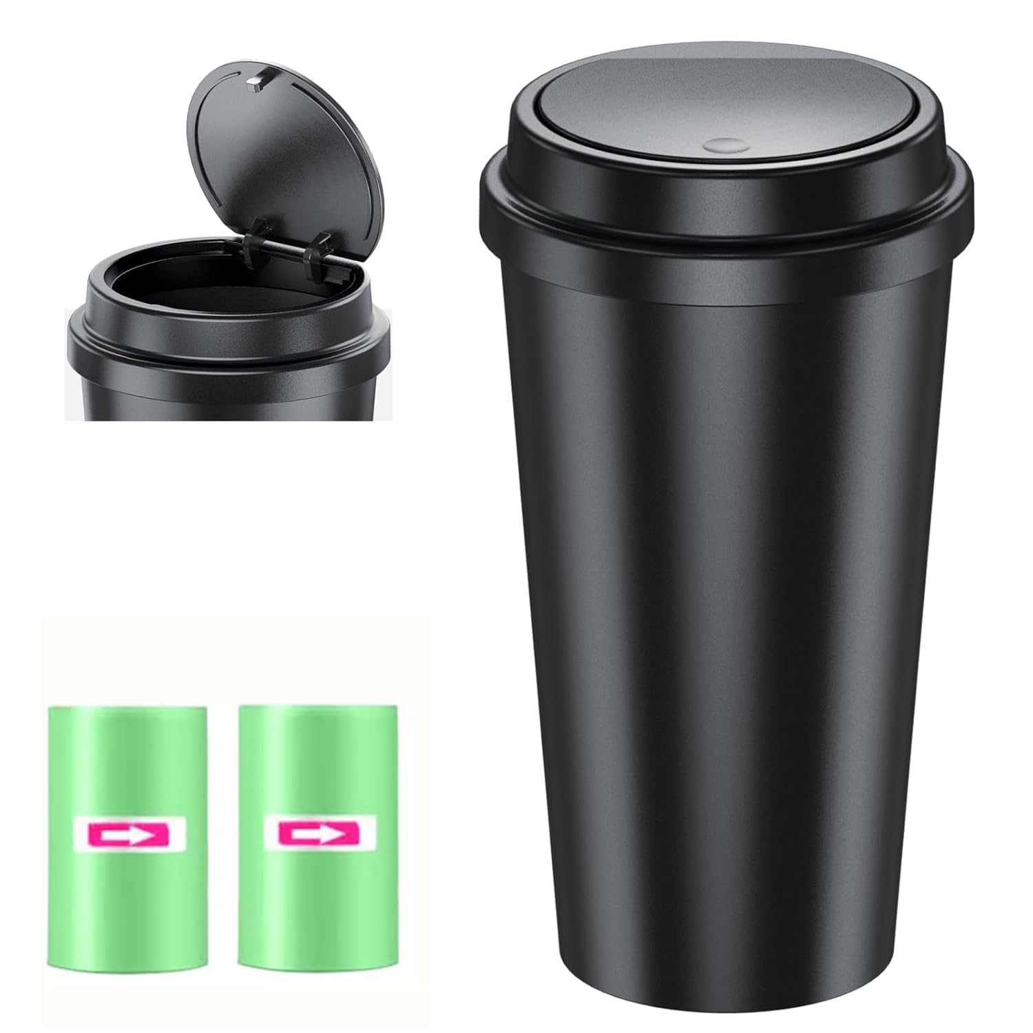 Einesin Car Trash Can Bin with Lid,Mini Vehicle Leakproof Garbage Can, for Car Cup Holder and Side Door, with 2 rolls Attached Trash Bags