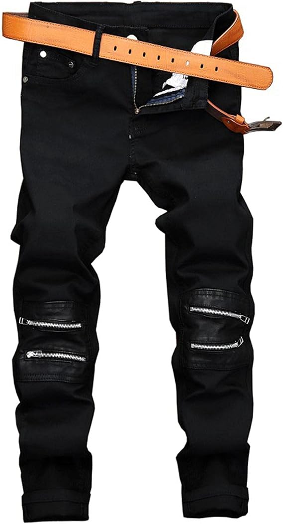 Men's Ripped Patchwork Pleated Stretch Biker Jeans with Zippers