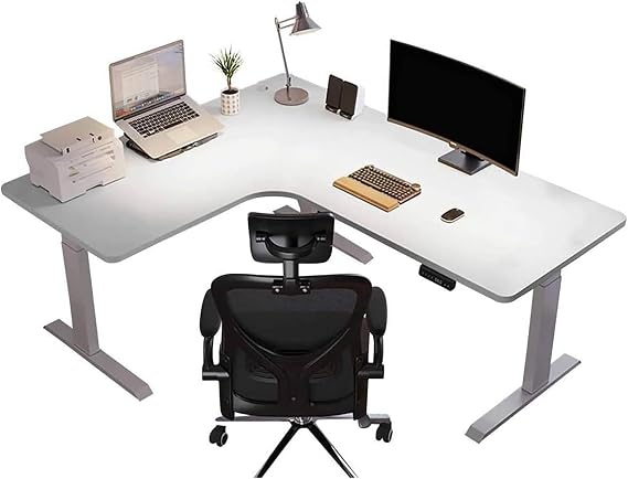 Electric L-Shaped Standing Desk, Height Adjustable Corner Computer Desk with Memory Settings, Spacious Sit Gaming Table for Home Office(White)