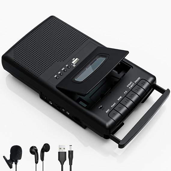 Cassette Players Recorder, Portable Tape USB Player with Stand-Alone Mic, Cassettes Tape Digital Converter to USB Flash Disk, Built-in Speaker, Retractable Handle, 3.5MM Headphone