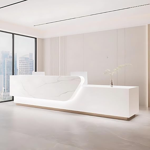 Reception Desk - Modern Front Desk with Hidden Lighting, Customizable Logo, Elegant Checkout Counter and Retail Counter, Perfect for Professional Spaces (108IN,White-A)