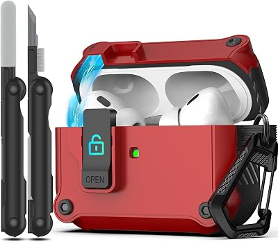 RFUNGUANGO AirPods Pro Case Cover with Secure Lock Clip, Automatic Pop-up, Full-Body Shockproof Hard Protective Cover for AirPods Pro 21 - Red