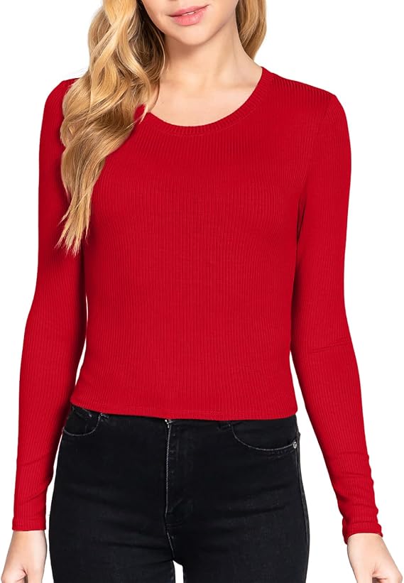 Women's Long Sleeve Crew Neck Ribbed Crop Tops Basic Knit Casual Soft Shirts