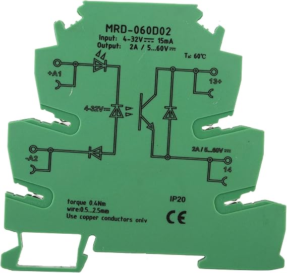 DIN Solid State Relay Module, Ultra-Thin 6.2mm Solid State Relay Module Input DC to DC 4-32V MRD-060D2, Fit for Pneumatic DC Electromagnetic Valve