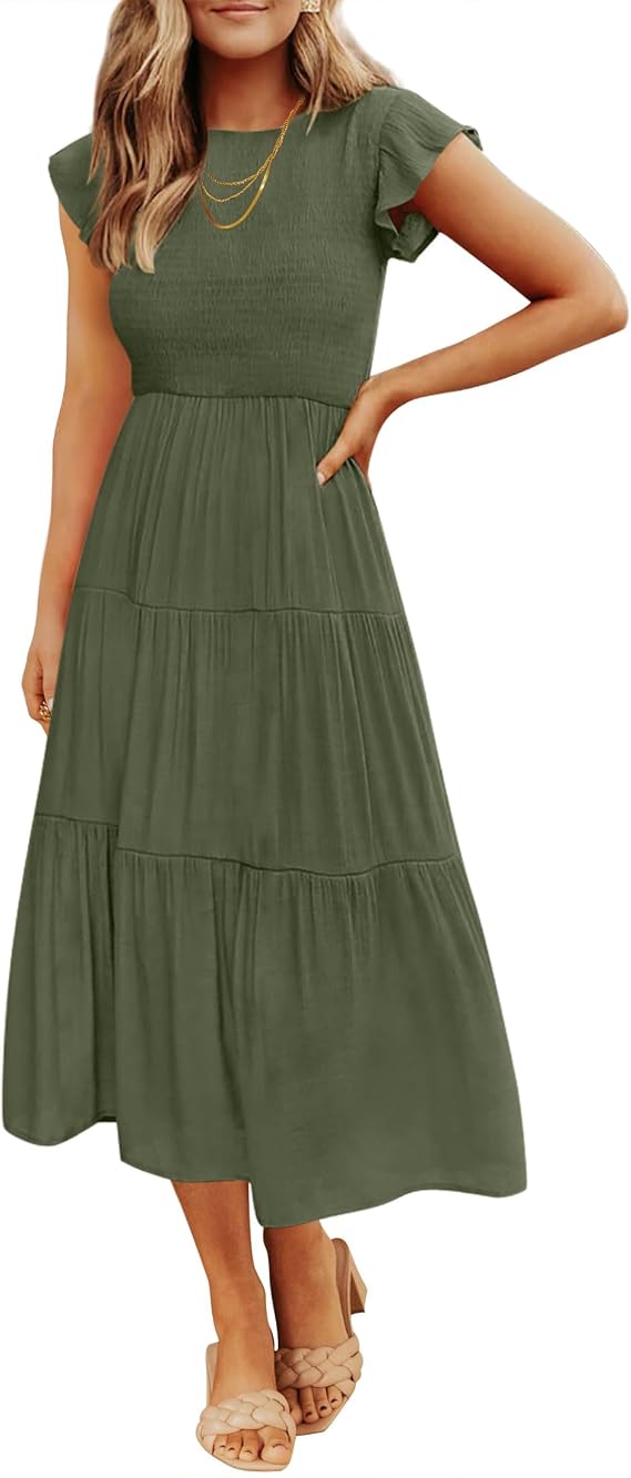 ZESICA Women's 2026 Summer Casual Flutter Short Sleeve Smocked Midi Dress | Crew Neck, Elastic Waist, Tiered, Boho Flowy Dresses, Soft Lightweight Fabric, Beach Brunch Date Party
