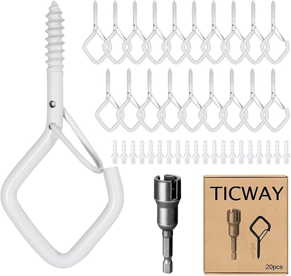 20 Pcs Screw in Hooks with Safety Buckle - White Metal Ceiling Hooks,Outdoor Garden Hooks - Hooks for Hanging Plants, Cup, Fairy Light, Birdcage, Christmas Decor, Wind Chimes (White)