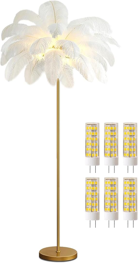 Floor Lamp, Nordic Standing Lamp, 160cm Tall Feather Floor Lamps with Gold Finish and Foot Switch Dimmable Feather Lamps for Bedrooms Living Room,White,L