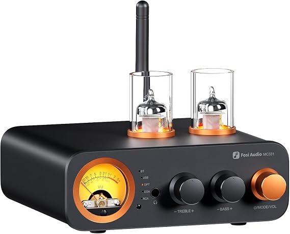 Fosi Audio MC331 Tube Integrated Amplifier with DAC, 2 Channel Home Audio Stereo Power Amp for HiFi Bookshelf Speakers/3.5mm Headphones, Vintage VU Meter Preamp with Bluetooth and USB/OPT/COAX/RCA