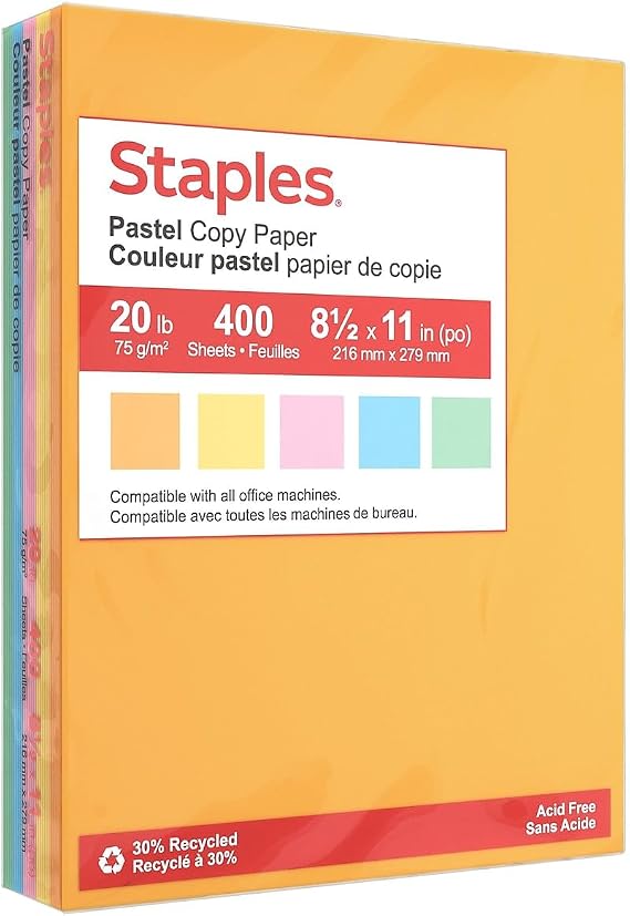 Staples Recycled Pastel Multipurpose Paper, 8.5x11, Assorted, 400 Sht