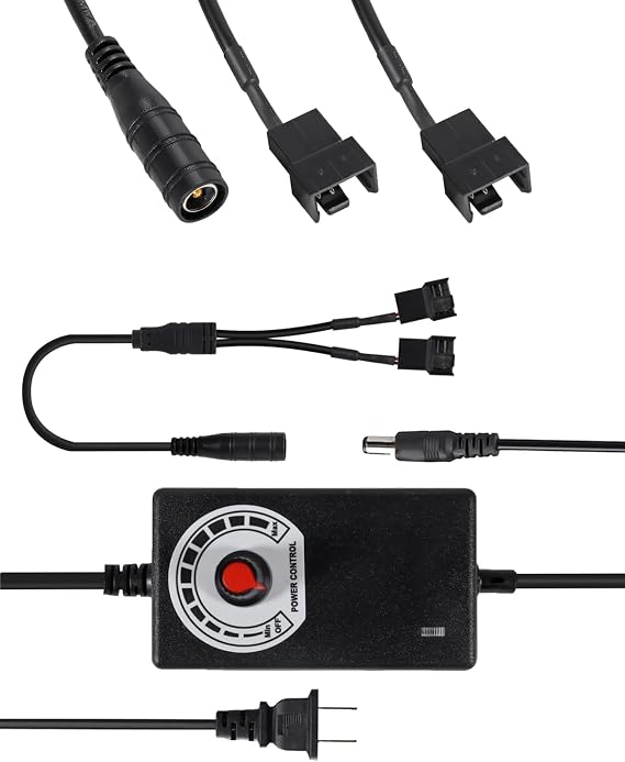 12V Fan Power Supply 110-240V AC to DC 3-12V 24W Adjustable Fan Power Adapter with 4 Pin Fan Splitter Cable DC Female 5.5 x 2.1mm to 2 x 3/4 Pin for PC Fan Speed Control