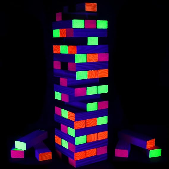 Ahuimeius 54 Piece Giant Tumble Tower Outdoor Games, Glow in the Blacklight Tumble Tower Yard Games,Outdoor Board Game for Adults for Family Game Night (Giant)