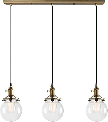 PERMO Vintage Rustic Industrial 3-Lights Kitchen Island Chandelier Triple 3 Heads Pendant Hanging Ceiling Lighting Fixture with Mini 5.9 Round Clear Glass Globe Shade Antique