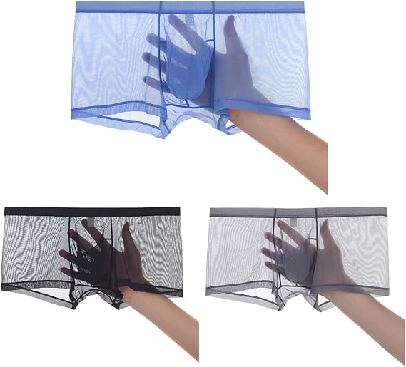 Mens Sexy See Through Underwear Ice Silk Mesh Boxer Briefs Breathable Bulge Pouch