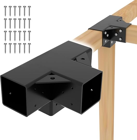 Pergola Kit 4x4(Inner 3.64"x3.64"), 4-Way Pergola Bracket 1 Pc- Right Angle Elevated Wood Stand Kit -DIY Woodworks Gazebo Brackets Hardware Kit for Outdoor Wood Beams Posts Sunroom Carport Cabin