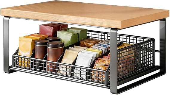 Spices Rack Organizer for Countertop with Drawer and Basket, Coffee Bar Station Organizer, Multi-Purpose Desk Organizers, Bathroom Counter Organizers, Multifunctional Countertop Rack for Kitchen
