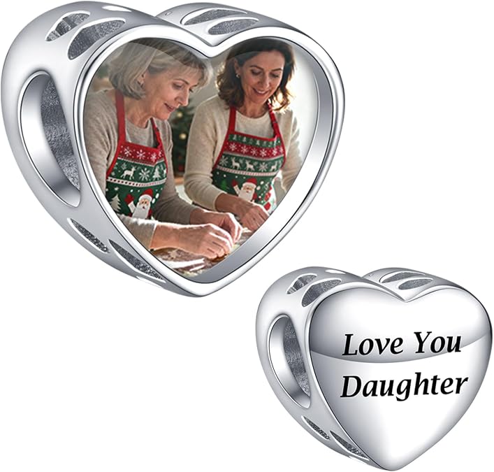 NINGAN Daughter Personalized Photo Charms Fit Bracelets and Necklaces 925 Sterling Silver Custom Picture Heart Bead as Christmas Mother's Day Birthday Memorial Gifts for Family