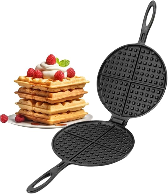 DVK Cast Iron Waffle Cookware Two Piece Hinged Non Electric Waffle Iron for Stovetop or Grill Makes Round Waffles Design Waffle Pan (8 IN)