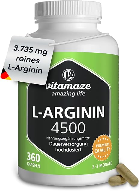 L-Arginine Capsules highly dosed 4500 mg per daily dose 360 capsules for 3 months Natural food supplement without unnecessary additives Made in Germany