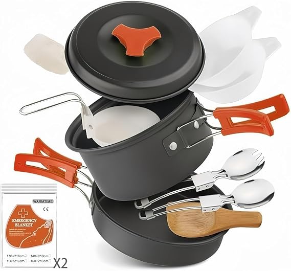 Voyage Living 12-Piece Lightweight Camping Cookware Set Nonstick Pot, Pan & Utensils for Backpacking & Hiking Portable Mess Kit for 12 People, Bonus 2 Emergency Blankets