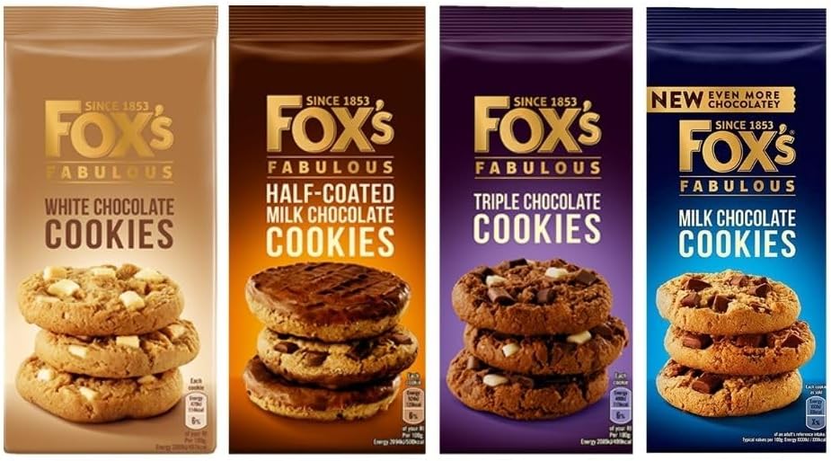 Foxs Cookie Selection - Half Coated Chunkie 175g, Triple Chunkie 180g, Milk Chunkie 180g, White Chunkie Cookie 180g, Pack of 4