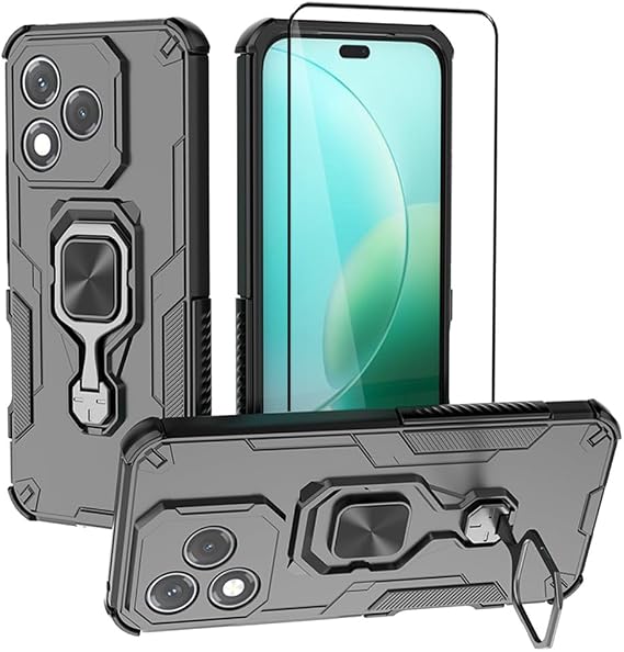 Compatible with Huawei Honor 400 Lite Case Kickstand with Tempered Glass Screen Protector, Hybrid Heavy Duty Armor Dual Layer Anti-Scratch Phone Cover, Black
