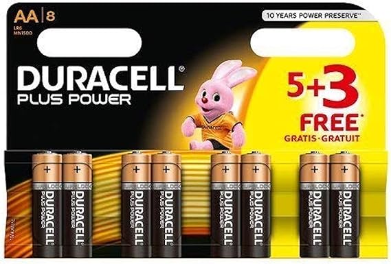 Duracell MN1500 Plus Power Alkaline Battery AA Size, 5 + 3 Free Batteries