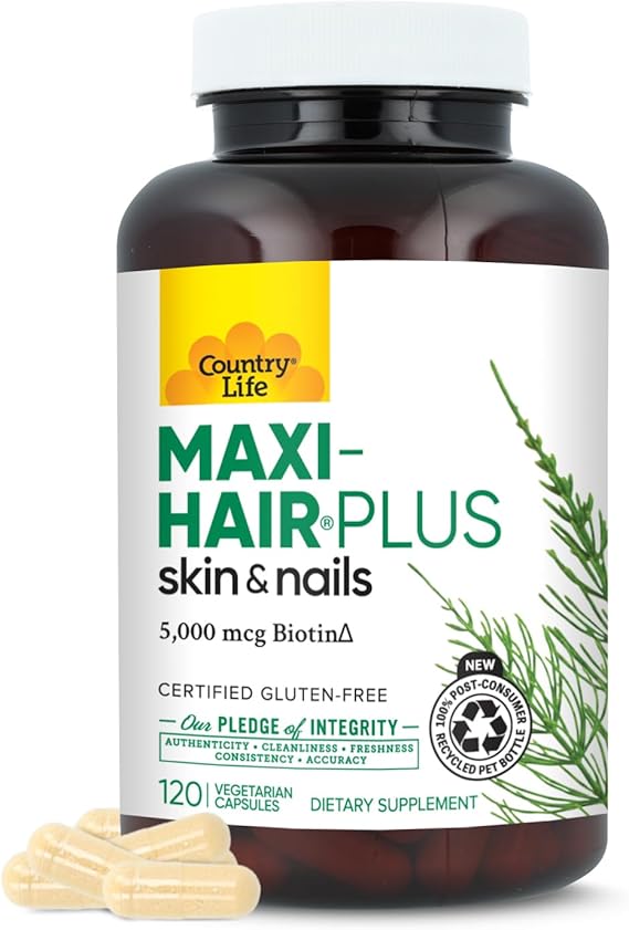 Country Life Maxi-Hair Plus 5,000 mcg Biotin, 120 Capsules | 1,200 mg Maxi Blend with MSM, L-methionine, L-cysteine and horsetail extract; 30 servings
