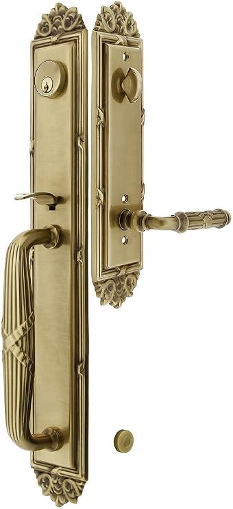 Imperial Style Tubular Handleset in Antique Brass with Left Hand Ribbon & Reed Levers and 2 3/8" Backset. Antique Door Handle.