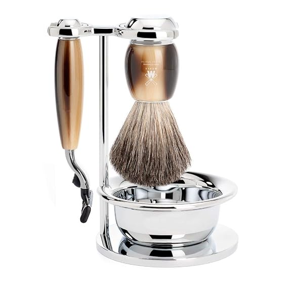 MUHLE VIVO Brown Horn Resin 4-Piece Pure Badger 3-Blade Razor Shaving Set