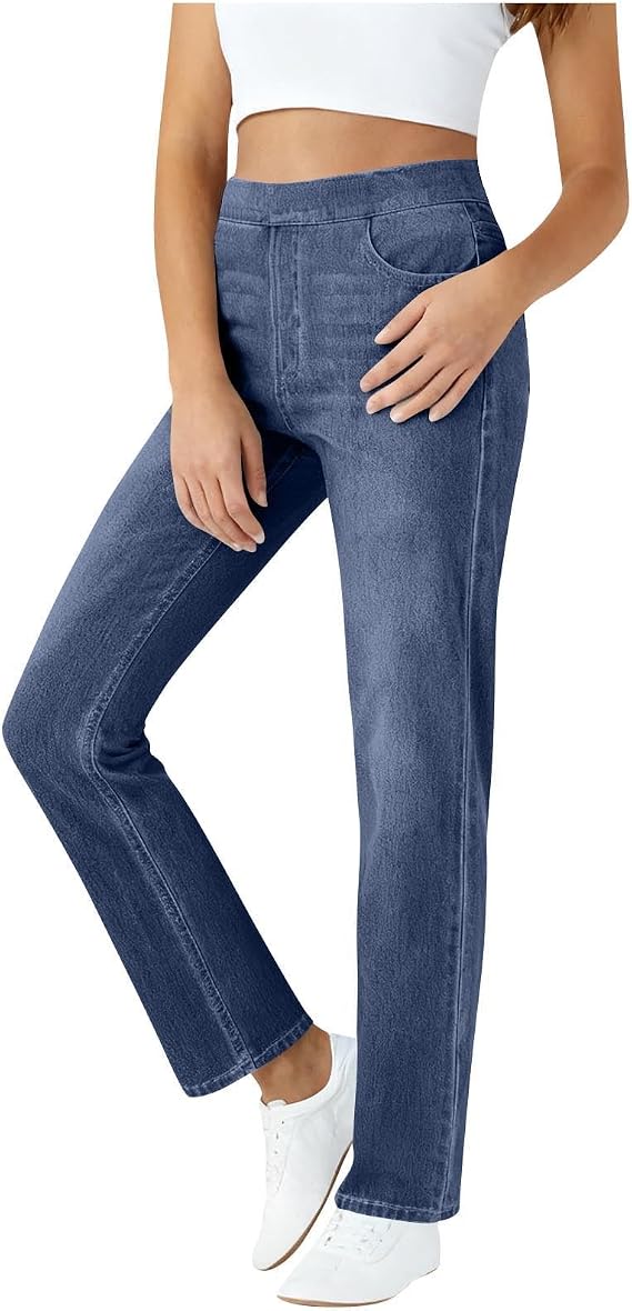 Women Straight Leg Faux Jeans Stretchy Pull On Work Pants Tummy Control High Waisted Soft Denim Print Pant with Pockets