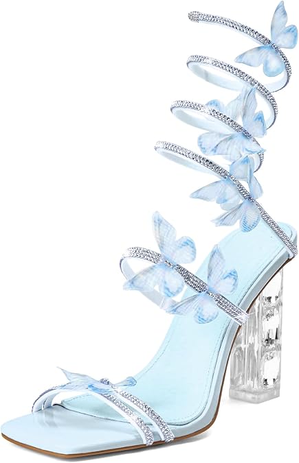 Strappy Heels Square Toe Rhinestone Butterfly Prom Dressy Sandals