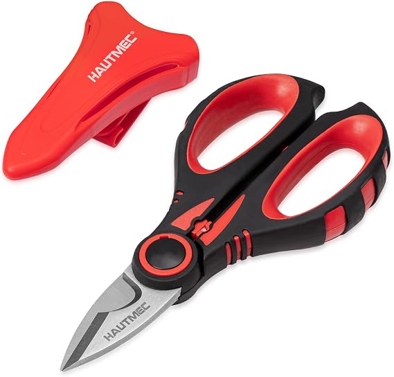 HAUTMEC Electrician Scissors 6.3", Heavy Duty Stainless Steel Electrician Shears with Serrated Blade, Wire Stripping Notch & Crimping Function, Ergonomic Non-Slip Handle with Sheath - HT0416