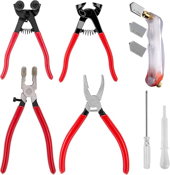 Glass Cutting Tool Kit: 220 mm Glass Cutter, 8" Tile Nippers, 8" Curved-Jaw Glass Running Pliers & 6" Breaker/Grozer Pliers for Stained Glass, Tile & Mosaic Cutting
