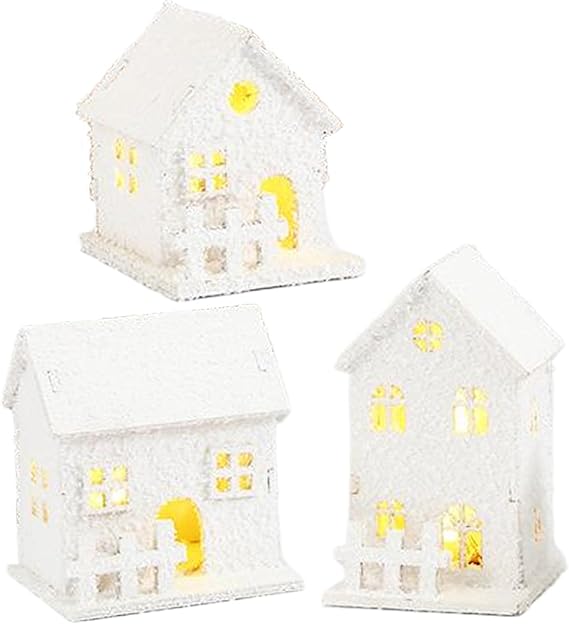 Christmas Village Houses 3Pcs Set with LED Light Boxwood Houses with Bottom Switch - White Snow Tabletop Decor