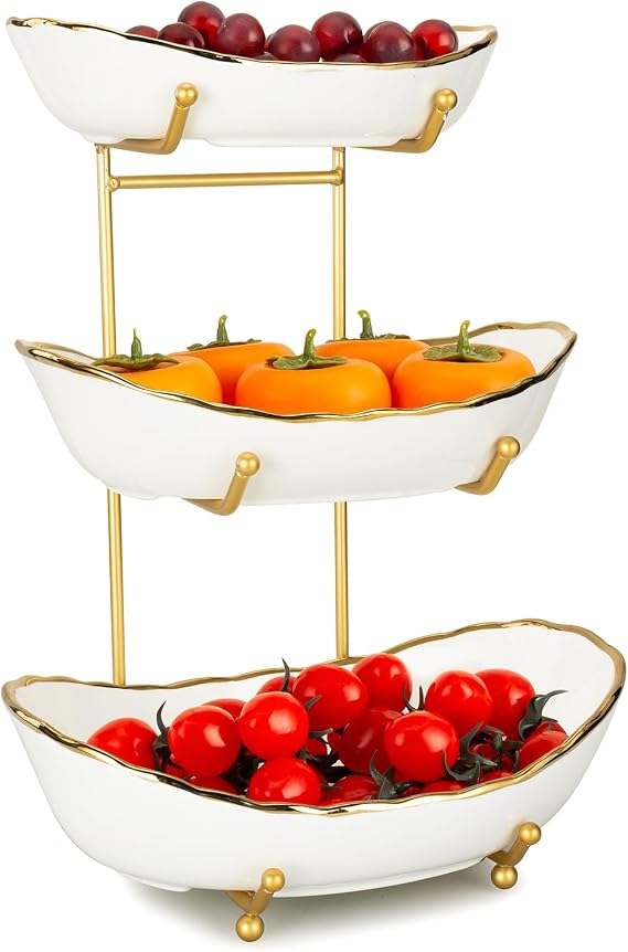 3 Tier Fruit Basket Ceramic Fruit Bowl Vegetable Storage with Metal Rack Porcelain Fruit Stand Storage Holder for Kitchen Counter Large Capacity Fruit Holder for Bread, Snack