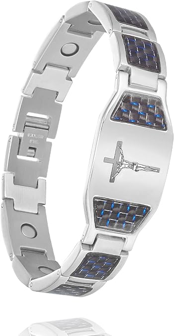 Magnetic Bracelet for Men, Christian Cross Jesus Stainless Steel Magnetic Therapy Bracelets,(Silver)