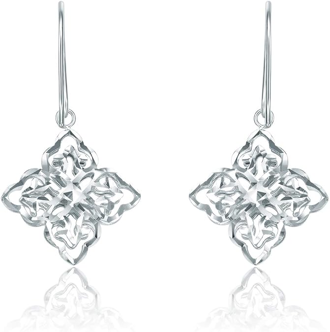 Chow Tai Fook 18K White Gold Hollow Cut Diamond-shaped Snowflakes Design French Hook Earrings
