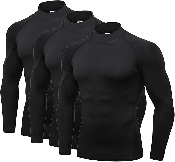 3 Pack Turtleneck Compression Shirts for Men Long Sleeve Athletic Running Tops Football Baselayer Shirts Running Undershirt