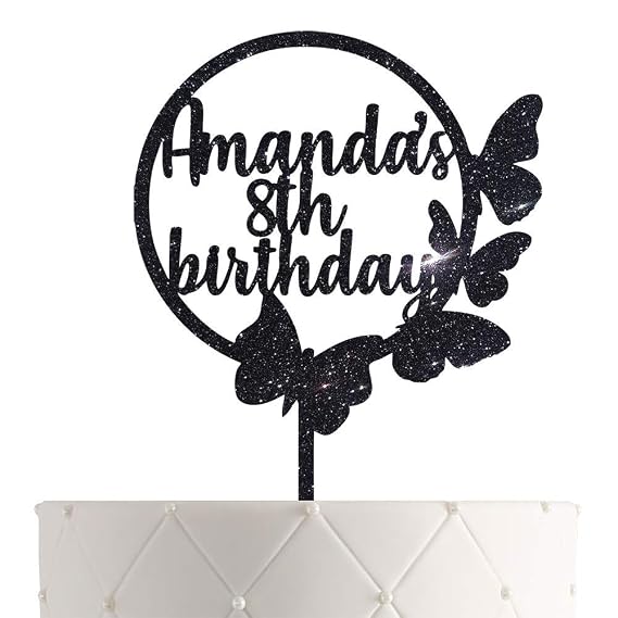 Personalized Butterfly Birthday Cake Topper With Customized Name and Date (Design 01, Black Glitter)