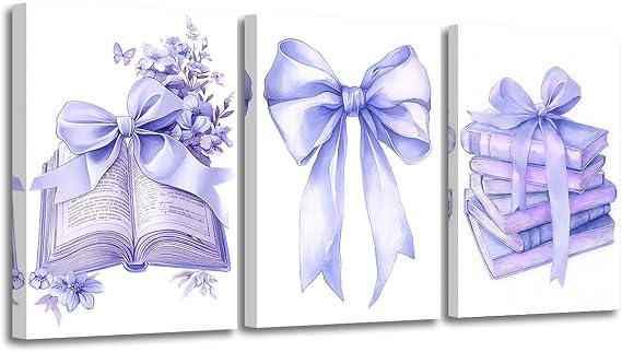 CXHOSTENT Bow Canvas Prints 3-Piece Bow Books Wall Picture Coquettish Preppy Style Aesthetic Picture for Girls' Room Wall Decoration (28.00 x 35.00 cm x 3 Pieces)