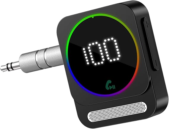 LOFICOPER Bluetooth 5.3 AUX Adapter for Car, Wireless Bluetooth Audio Receiver, Noise Cancelling Music Receiver with LED Display, Type-C Port, for Car Audio System, Speaker, Hands-Free Calls