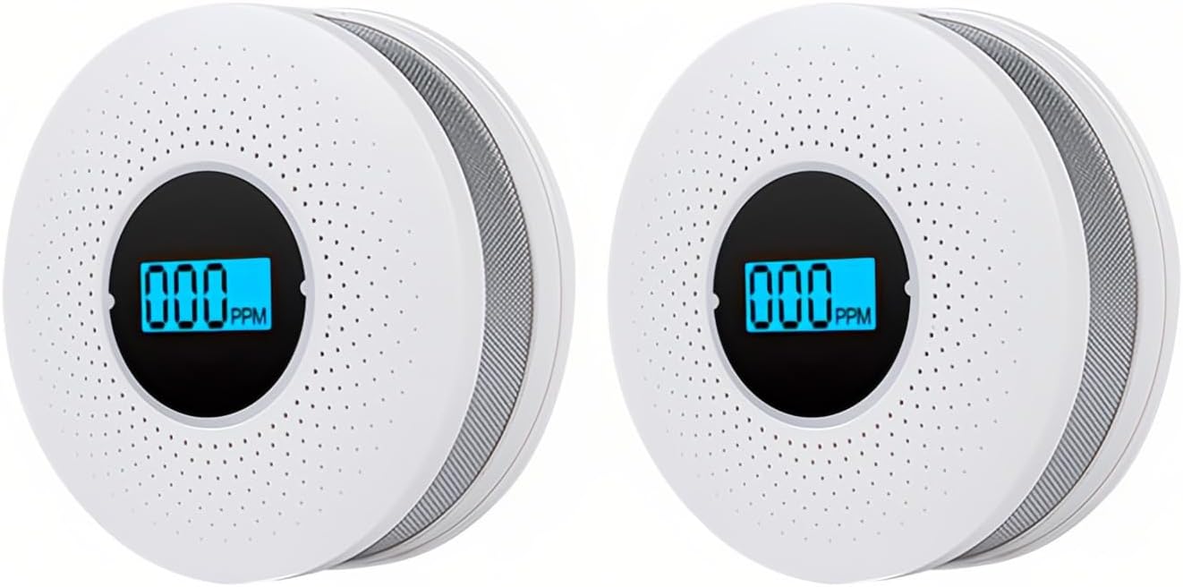 2 Packs CO and Smoke Fire Alarm Combo with LCD Display Battery Operated for Home 2 in 1 Carbon Monoxide and Smoke Detector with Light Sound Warning Easy to Install Travel Portable