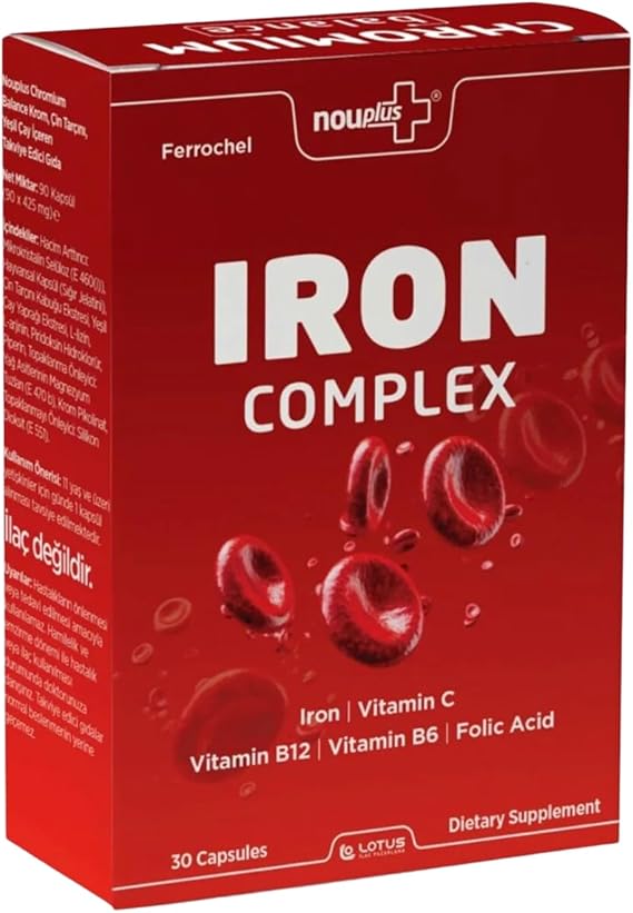 Nouplus Iron Complex Demir Takviyesi | Demir Bisglisinat (Ferrochel®) | Vitamin C + B6 + B12 + Folat | 30 Kapsül