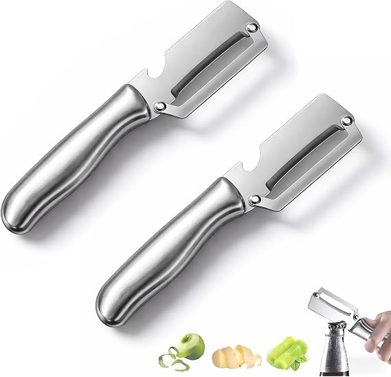 Zero Snag Stainless Steel Peeler, Multi-Functional Stainless Steel Kitchen Tool, Stainless Steel Blade Fruit Peeler, 2-in-1 Kitchen Peeler with Bottle Opener for Potato Carrot Apple (2 Pcs)