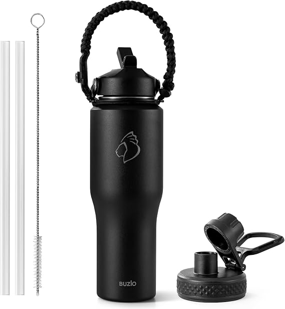 BUZIO 32 oz Insulated Water Bottle Fits in Car Cup Holders, Stainless Steel